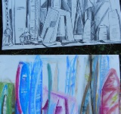 Zeichnen lernen, Frankfurter Skyline zeichnen,  Perspektivisches Zeichnen lernen, Kunstschule Frankfurt Atelier Irene Schuh